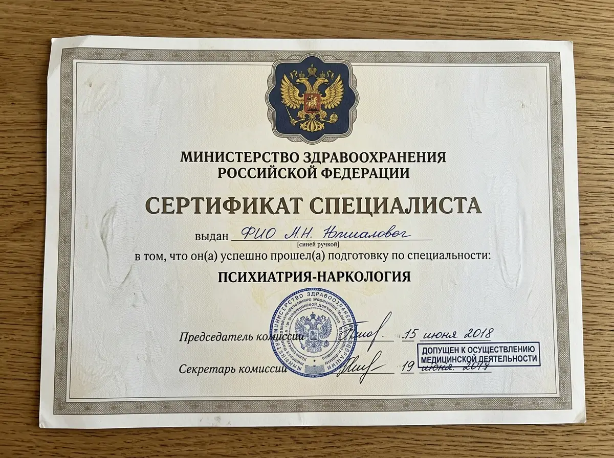 Сертификат специалиста врача-нарколога, документ с гербом, официальная бумага с подписями