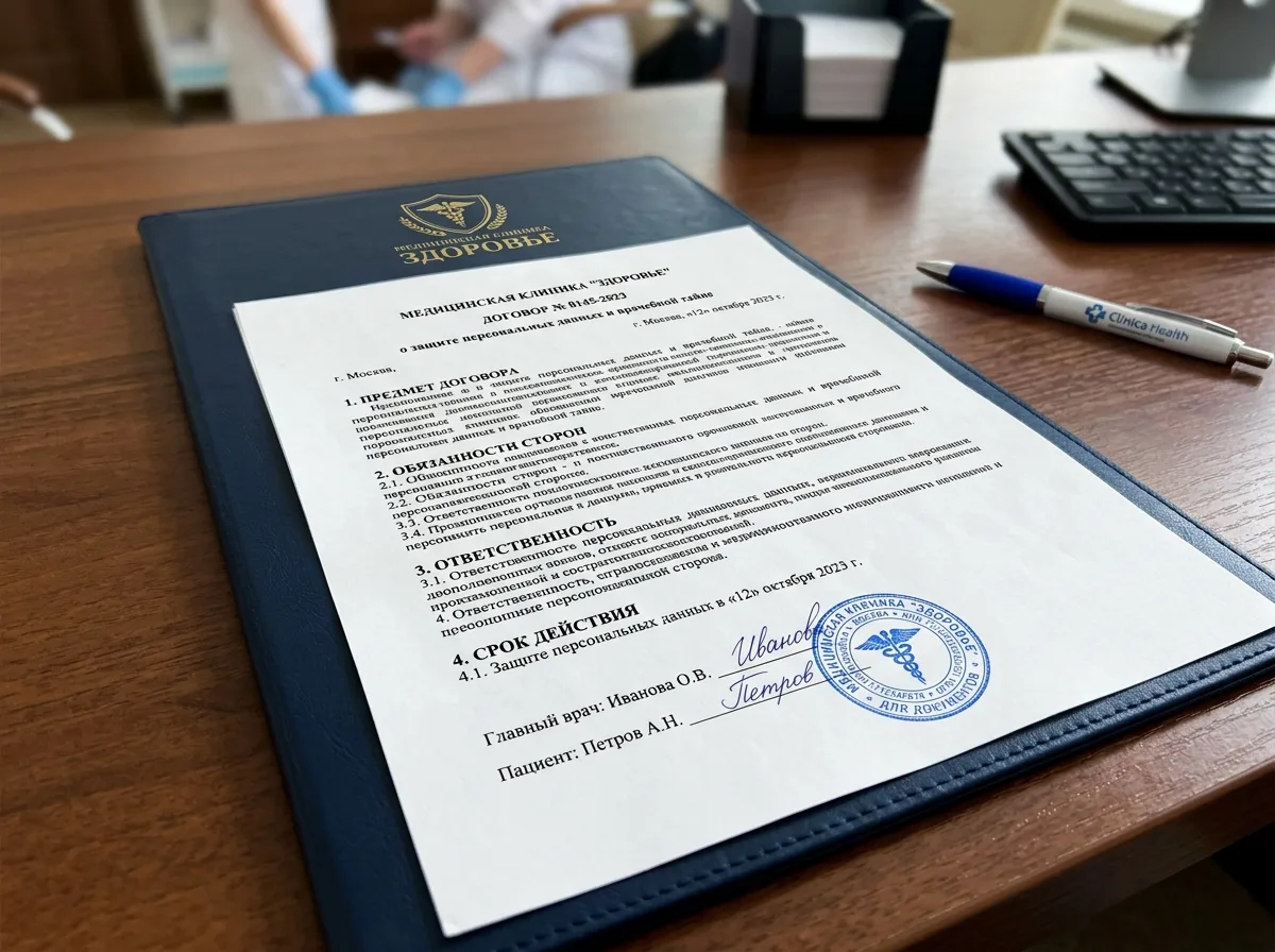 Договор о защите персональных данных и врачебной тайне, официальный документ с печатью клиники