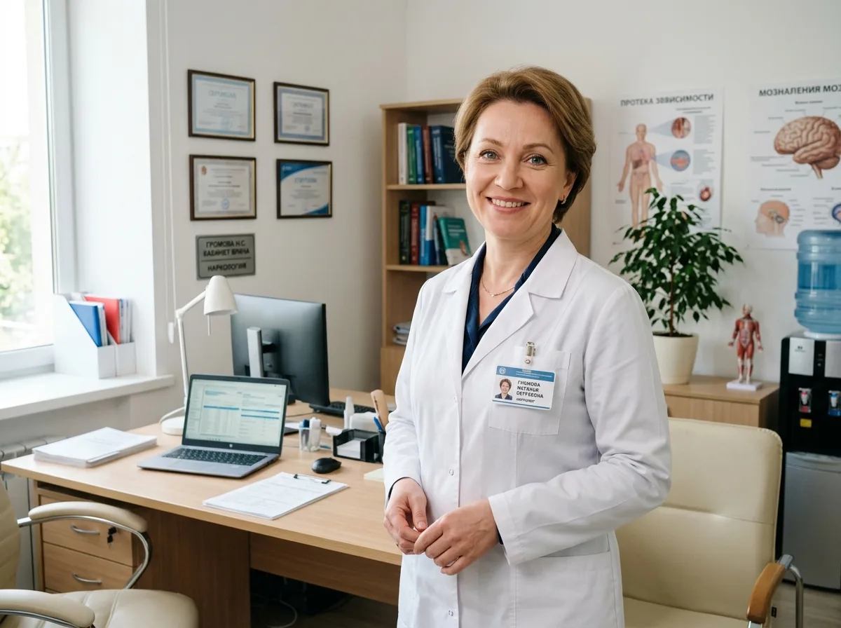Нарколог Громова Наталья Сергеевна, женщина в медицинском халате, уверенная улыбка, светлый медицинский кабинет